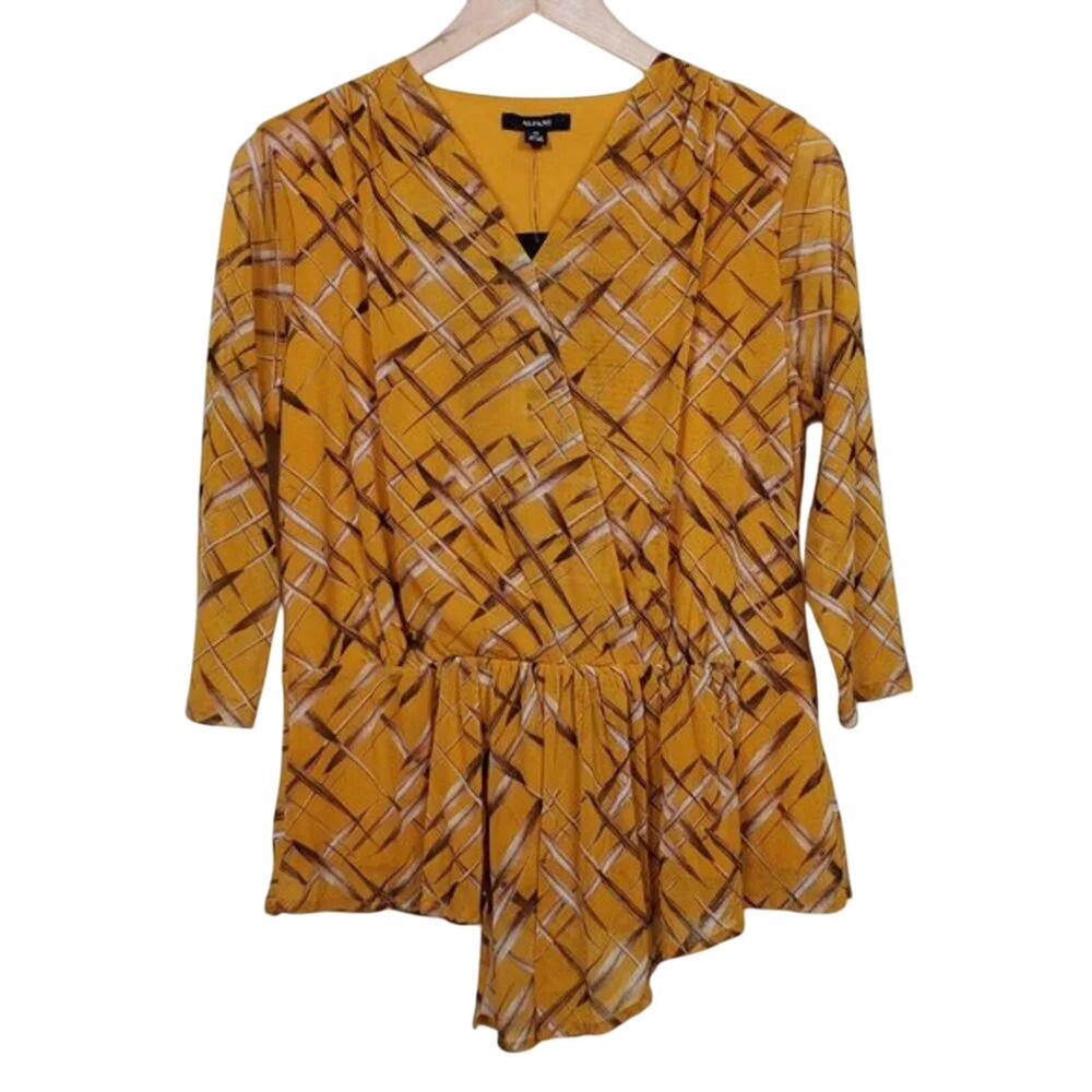 Alfani Printed Tunic Top Womens Size PM Yellow Faux Wrap V Neck 3/4 Sleeve NEW